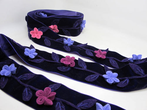 2 Inches Purple Felt Flower Velvet Trim|Embroidered Floral Ribbon|Clothing Belt|Vintage Costume|Sewing Supplies|Decorative Embellishment