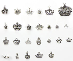 25 Pieces Mix Pack of Silver Charms Collection|Antique Silver Charm Pendants|Bracelet Accessories Making|Crown Theme