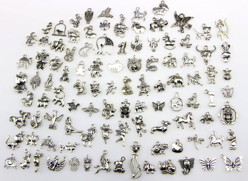 100 Pieces Mix Pack of Silver Charms Collection|Antique Silver Charm Pendants|Bracelet Accessories Making|Animal Theme