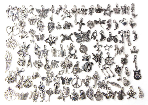 100 Pieces Mix Pack of Silver Charms Collection|Antique Silver Charm Pendants|Bracelet Accessories Making