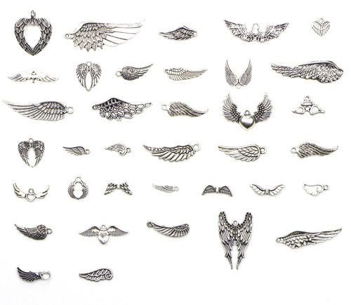 36 Pieces Mix Pack of Silver Charms Collection|Antique Silver Charm Pendants|Bracelet Accessories Making|Wings Theme