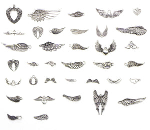 36 Pieces Mix Pack of Silver Charms Collection|Antique Silver Charm Pendants|Bracelet Accessories Making|Wings Theme