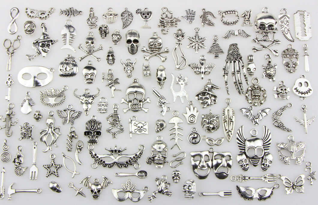 100 Pieces Mix Pack of Silver Charms Collection|Antique Silver Charm Pendants|Bracelet Accessories Making|Skull Theme