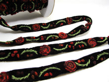 Load image into Gallery viewer, 5/8 Inches Red Ombre Yarn Flowers Embroidered on Black Velvet Ribbon|Sewing|Quilting|Craft Supplies|Hair Accessories