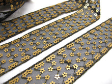 Charger l&#39;image dans la galerie, 2 3/16 Inches Gold and Black Sequined and Thread Edged Embroidered Ribbon Trim|Beaded Embroidered Trim|Craft Supplies|Scrapbooking
