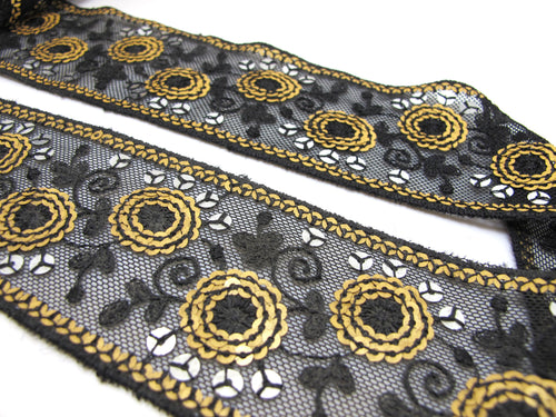 2 3/16 Inches Gold and Black Sequined and Thread Edged Embroidered Ribbon Trim|Beaded Embroidered Trim|Craft Supplies|Scrapbooking