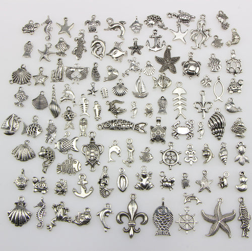 100 Pieces Mix Pack of Silver Charms Collection|Antique Silver Charm Pendants|Bracelet Accessories Making|Ocean Theme