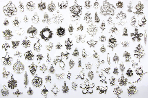 100 Pieces Mix Pack of Silver Charms Collection|Antique Silver Charm Pendants|Bracelet Accessories Making|Forest Theme