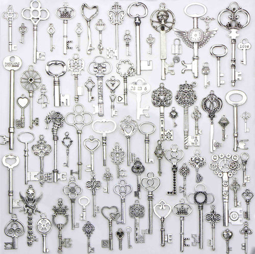 80 Pieces Mix Pack of Silver Charms Collection|Antique Silver Charm Pendants|Bracelet Accessories Making|KEYSTheme