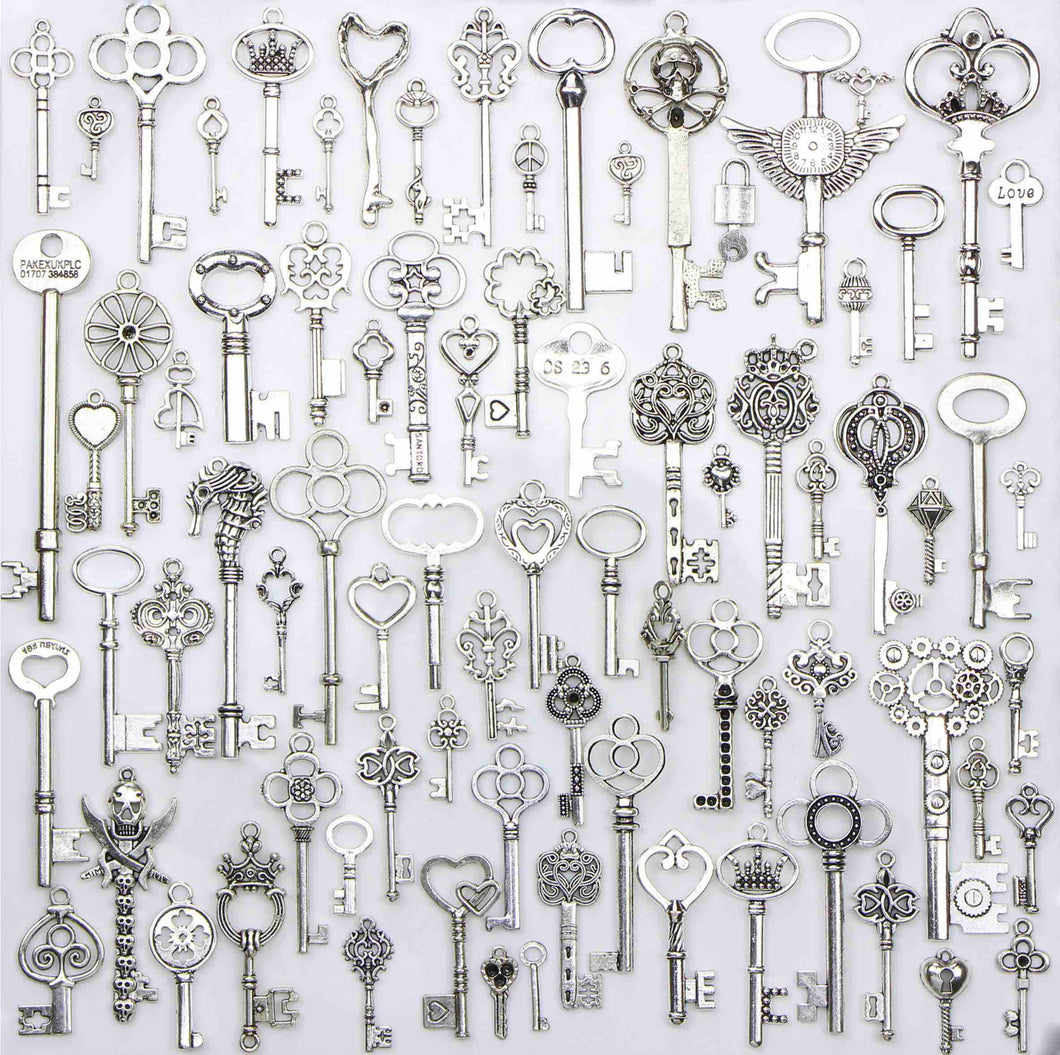 80 Pieces Mix Pack of Silver Charms Collection|Antique Silver Charm Pendants|Bracelet Accessories Making|KEYSTheme