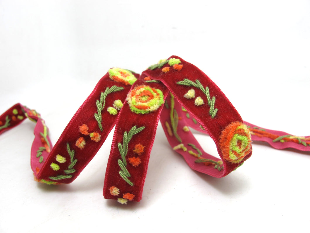 Yarn Flowers Embroidered on Red Velvet Ribbon|Sewing|Quilting|Craft Supplies|Hair Accessories