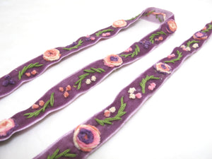 5/8 Inch Purple Yarn Flowers Embroidered Velvet Ribbon|Sewing|Quilting|Craft Supplies|Hair Accessories