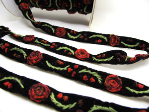 5/8 Inches Red Ombre Yarn Flowers Embroidered on Black Velvet Ribbon|Sewing|Quilting|Craft Supplies|Hair Accessories