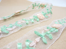 画像をギャラリービューアに読み込む, 1 1/16 Inches Embroidered Floral Chiffon Ribbon Trim|Flowers with Green Leaves|Unique|Colorful|Woven Chiffon Organza Ribbon|Decorative