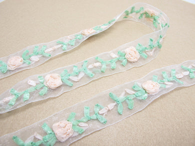 1 1/16 Inches Embroidered Floral Chiffon Ribbon Trim|Flowers with Green Leaves|Unique|Colorful|Woven Chiffon Organza Ribbon|Decorative