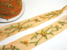 画像をギャラリービューアに読み込む, 1 9/16 Inches Orange Embroidered Floral Chiffon Ribbon Trim|Flowers with Green Leaves|Unique|Colorful|Woven Chiffon Organza Ribbon|Decorative