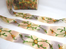画像をギャラリービューアに読み込む, 1 9/16 Inches Brown Ombre Embroidered Floral Chiffon Ribbon Trim|Flowers with Colorful Leaves|Woven Chiffon Organza Ribbon|Decorative