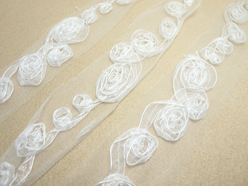 1 1/2 Inches White Chiffon Rosette Rose Trim|Flower Trim|3D Floral Ribbon|Shabby Chic|Lace Applique|Tulle Tutu Dress Decor|Embellishment
