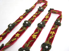 画像をギャラリービューアに読み込む, 5/8 Inch Red Green Embroidered Velvet Ribbon with Felt Flower|Sewing|Quilting|Jewelry Design|Embellishment|Decorative|Acrylic Felt Flower