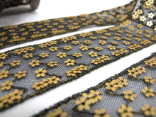 Load image into Gallery viewer, 2 3/16 Inches Gold and Black Sequined and Thread Edged Embroidered Ribbon Trim|Beaded Embroidered Trim|Craft Supplies|Scrapbooking