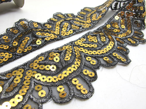 2 3/16 Inches Gold and Black Sequined and Thread Edged Embroidered Ribbon Trim|Beaded Embroidered Trim|Craft Supplies|Scrapbooking