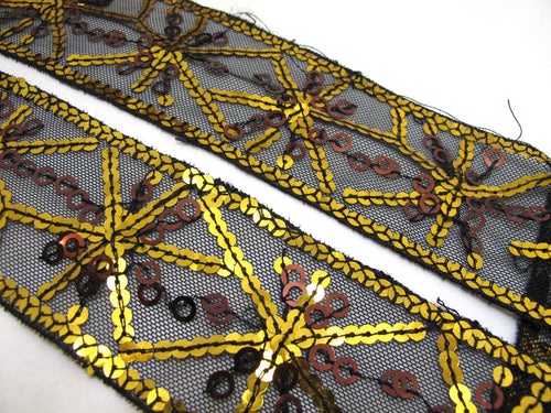 2 3/8 Inches Gold and Black Sequined and Thread Edged Embroidered Ribbon Trim|Beaded Embroidered Trim|Craft Supplies|Scrapbooking