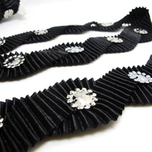 画像をギャラリービューアに読み込む, 1 1/2 Inches Black Pleated Wavy Sewn Trim|With Silver Button Decor|Ruffled Trim|Scalloped Edge Embellishment Costume Lace Trim