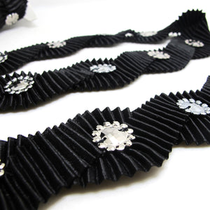 1 1/2 Inches Black Pleated Wavy Sewn Trim|With Silver Button Decor|Ruffled Trim|Scalloped Edge Embellishment Costume Lace Trim