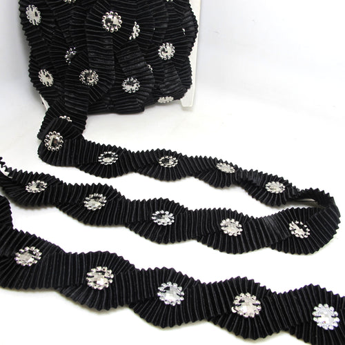 1 1/2 Inches Black Pleated Wavy Sewn Trim|With Silver Button Decor|Ruffled Trim|Scalloped Edge Embellishment Costume Lace Trim