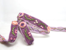 Load image into Gallery viewer, 5/8 Inch Purple Yarn Flowers Embroidered Velvet Ribbon|Sewing|Quilting|Craft Supplies|Hair Accessories