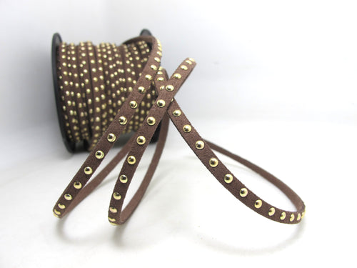 2 Yards 5mm Brown Studded Faux Suede Leather Cord|Brown|Gold Studs|Faux Leather String Jewelry Findings|Microfiber Craft Supplies