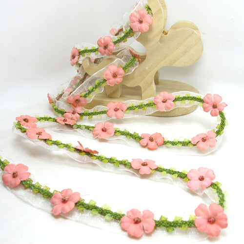 2 Yards Pink Rose Petal Woven Rococo Ribbon Trim on Chiffon Ribbon|Decorative Floral Ribbon|Scrapbook Materials|Clothing|Craft Supplies