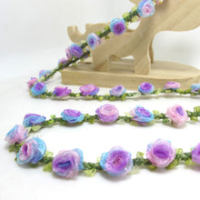 Load image into Gallery viewer, Special Edition|Compact Purple Ombre Rose Buds on Green Woven Rococo Ribbon Trim|Decorative Floral Ribbon|Scrapbook|ClothingCraft Supplies