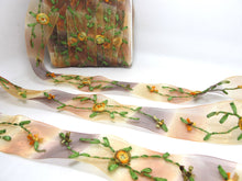 Load image into Gallery viewer, 1 9/16 Inches Brown Ombre Embroidered Floral Chiffon Ribbon Trim|Flowers with Colorful Leaves|Woven Chiffon Organza Ribbon|Decorative