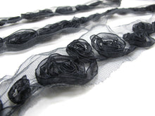 Load image into Gallery viewer, 1 1/2 Inches Black Chiffon Rosette Rose Trim|Flower Trim|3D Floral Ribbon|Shabby Chic|Lace Applique|Tulle Tutu Dress Decor|Embellishment