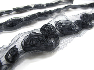 1 1/2 Inches Black Chiffon Rosette Rose Trim|Flower Trim|3D Floral Ribbon|Shabby Chic|Lace Applique|Tulle Tutu Dress Decor|Embellishment