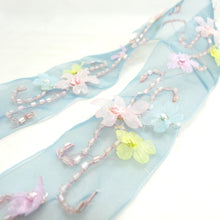 画像をギャラリービューアに読み込む, 1 5/8 Inches Blue Chiffon Organza Hand beaded Embroidered Floral Trim|Chiffon Flower Trim|Hair Bow Making Jewelry Sewing Couture