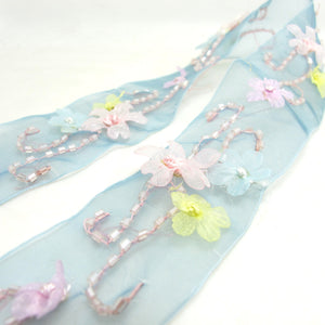 1 5/8 Inches Blue Chiffon Organza Hand beaded Embroidered Floral Trim|Chiffon Flower Trim|Hair Bow Making Jewelry Sewing Couture
