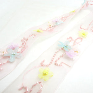 1 5/8 Inches Pink Chiffon Organza Hand beaded Embroidered Floral Trim|Chiffon Flower Trim|Hair Bow Making Jewelry Sewing Couture