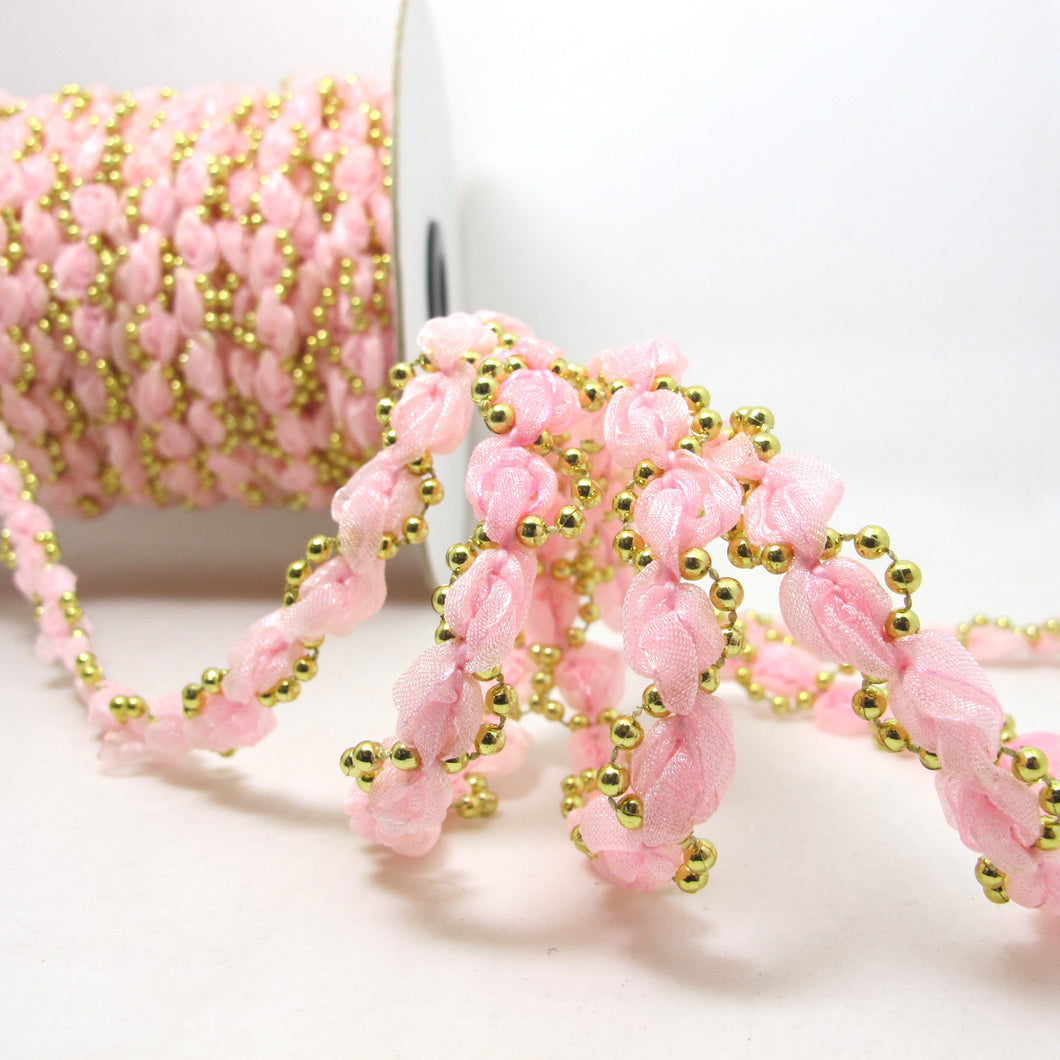 2 Yards 1/2 Inch Pink Rose Shape Rosette Trim with Gold Bead Trim|Jewelry Making|Hair Accessory|Unique Decorative Trim|Chiffon Trim