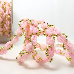 2 Yards 1/2 Inch Pink Rose Shape Rosette Trim with Gold Bead Trim|Jewelry Making|Hair Accessory|Unique Decorative Trim|Chiffon Trim