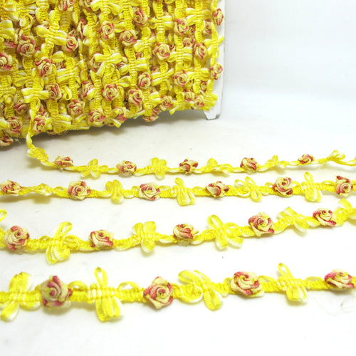 2 Yards Yellow and Orange Rose Buds Woven Rococo Ribbon Trim|Decorative Floral Ribbon|Scrapbook Materials|Clothing|Decor|Craft Supplies