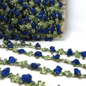 2 Yards Blue Satin Rose Buds Woven Rococo Ribbon Trim|Decorative Floral Ribbon|Scrapbook Materials|Clothing|Decor|Craft Supplies