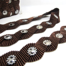 Charger l&#39;image dans la galerie, 1 1/2 Inches Brown Pleated Wavy Sewn Trim|With Silver Button Decor|Ruffled Trim|Scalloped Edge Embellishment Costume Lace Trim