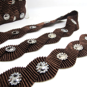 1 1/2 Inches Brown Pleated Wavy Sewn Trim|With Silver Button Decor|Ruffled Trim|Scalloped Edge Embellishment Costume Lace Trim