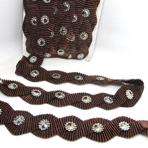 1 1/2 Inches Brown Pleated Wavy Sewn Trim|With Silver Button Decor|Ruffled Trim|Scalloped Edge Embellishment Costume Lace Trim