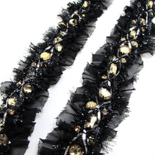 Load image into Gallery viewer, 1 9/16 Inch Black Chiffon Pleated Trim with Chain and Stones Decor|Elegant Embellishment|Home Decor|Costume Making|Clothing Belt Strap