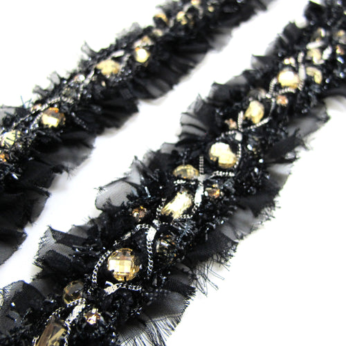 1 9/16 Inch Black Chiffon Pleated Trim with Chain and Stones Decor|Elegant Embellishment|Home Decor|Costume Making|Clothing Belt Strap