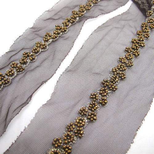 2 1/8 Inch Bronze Beaded Floral Trim|Embroidered Narrow Tulle Trim|Brown Net Tulle|Handmade Sewn Lace|Elegant Decorative Trim