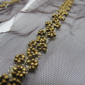 2 1/8 Inch Bronze Beaded Floral Trim|Embroidered Narrow Tulle Trim|Brown Net Tulle|Handmade Sewn Lace|Elegant Decorative Trim